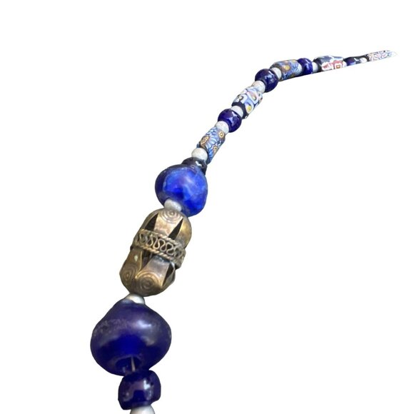 Handmade Blue Beaded Necklace with Silver Pendant Unique Artisan Jewelry Bohemia - Picture 9 of 11